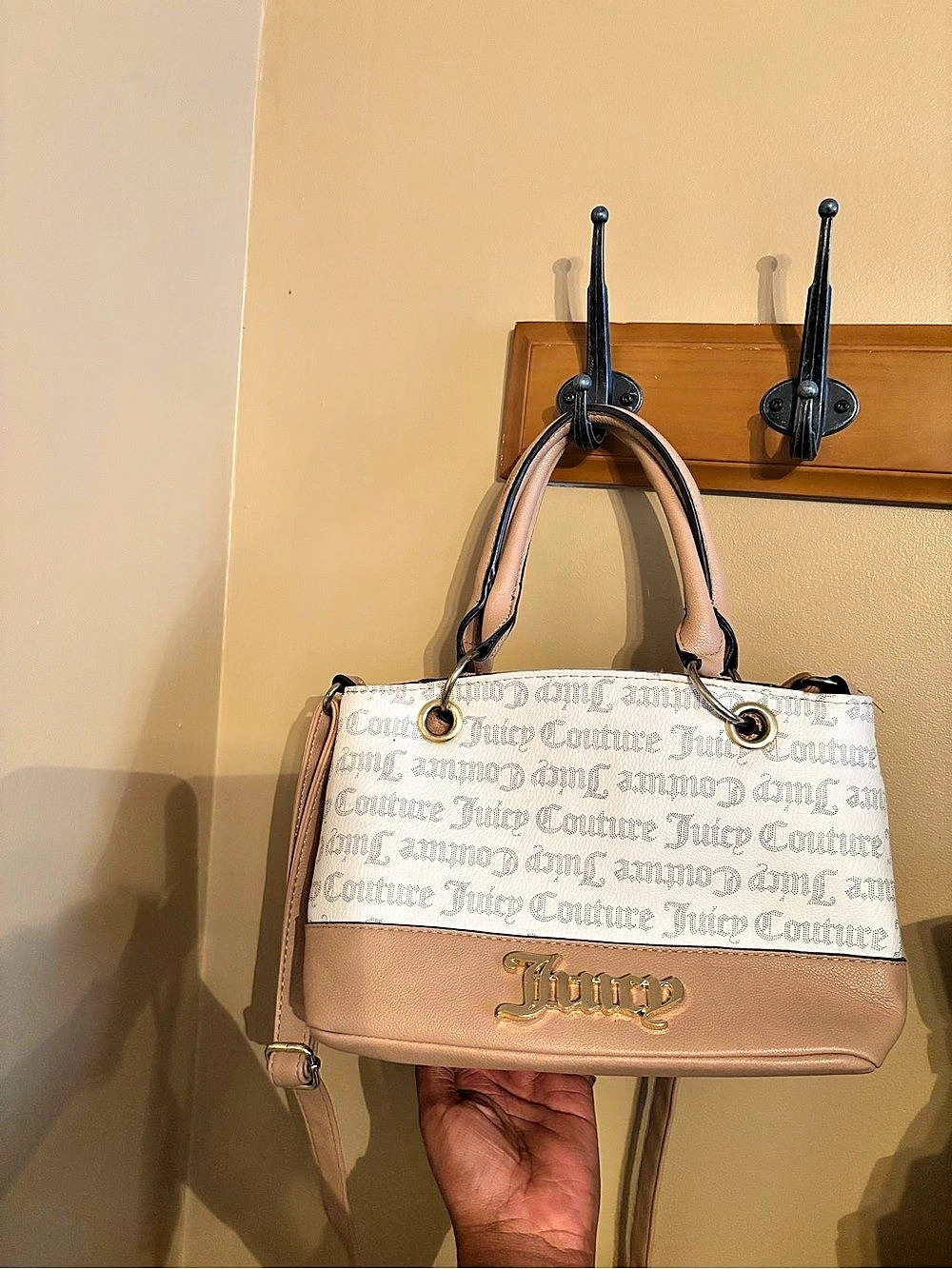 Juicy Couture Monogram Script Logo Satchel Crossbody Shoulder Bag Pink & White